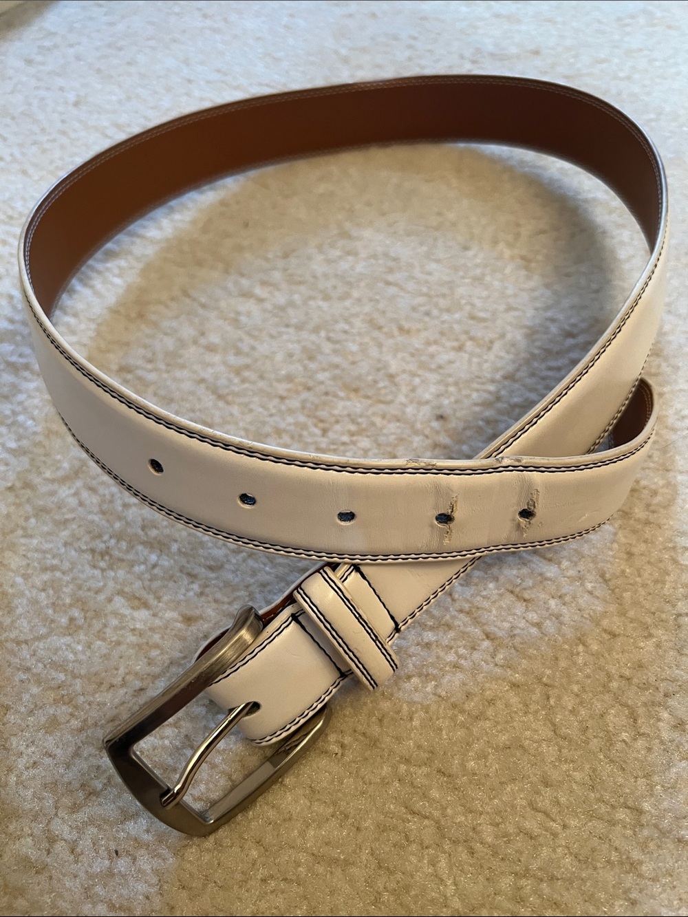 Men's White Leather Belt with Silver Buckle